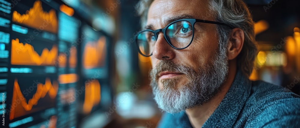 Poster focused man analyzing data on multiple digital screens