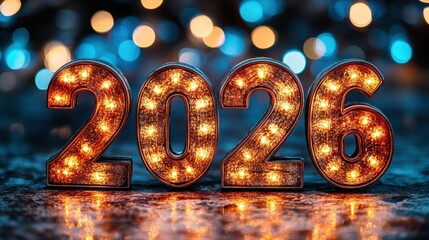Illuminated 2026 numerals on a dark surface with festive bokeh background