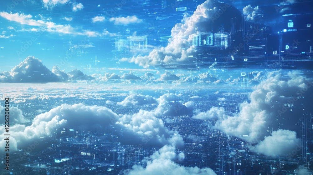 Poster digital clouds representing cloud infrastructure and data storage in a futuristic landscape.