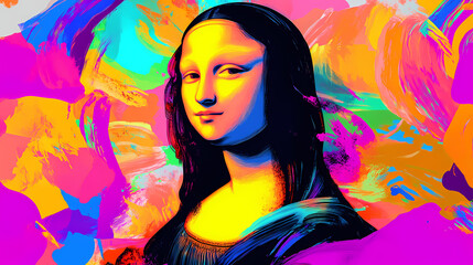 Naklejka premium A modern interpretation of mona lisa: vibrant colors and abstract background. Renaissance Portrait. Illustration