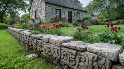 A stone wall with a house in the background