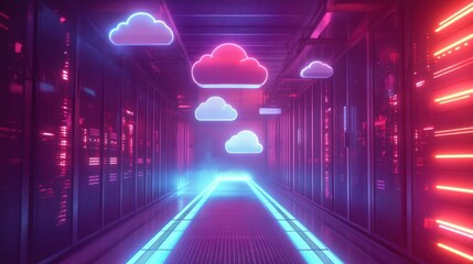 Futuristic data center showcasing cloud technology with glowing cloud icons, representing modern digital infrastructure.