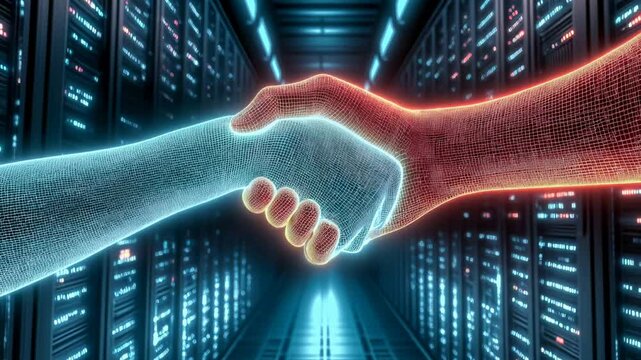A smart contract being executed automatically on a blockchain platform, visualized as a digital handshake between two glowing avatars in a futuristic server room.