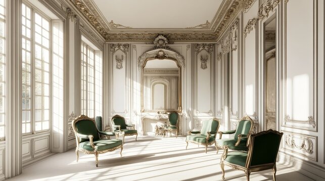 Luxury clean bright white interior with a old antique vintage green chairs over wall design bas-relief stucco mouldings roccoco elements