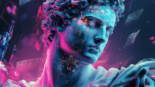 Cyberpunk digital sculpture of apollo bust with neon colors and glitch effect. Renaissance Portrait. Illustration
