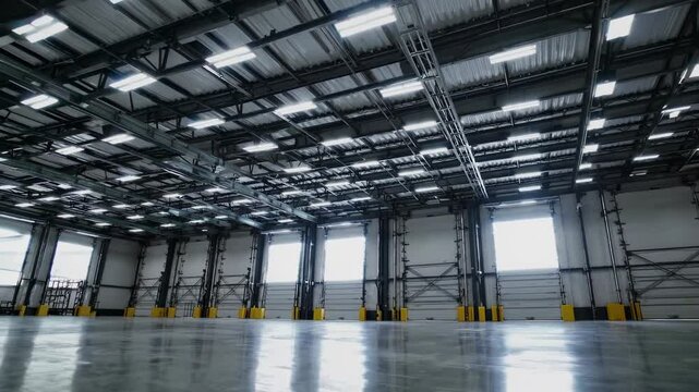 Modern empty warehouse interior with loading docks and fluorescent lighting. Industrial storage facility with polished concrete floor and metal ceiling. Commercial space for logistics