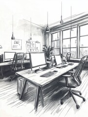 Hand drawn sketch of modern coworking office interior with empty computer monitors on wooden desks, equipment, furniture and panoramic windows with daylight. Design and repairs concept.