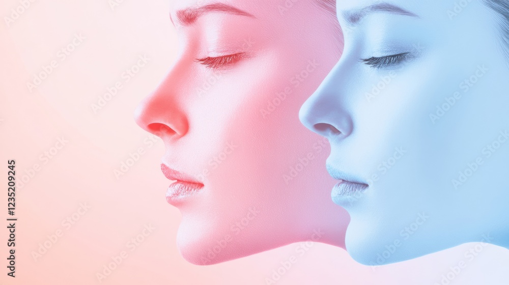 Poster comparison of aging and youthfulness displayed through two contrasting faces. generative ai