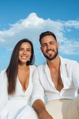 Obraz premium A couple is sitting on a beach, smiling and posing for a picture. The man is wearing a white shirt and the woman is wearing a white dress. The sky is blue and there is a cloud in the background