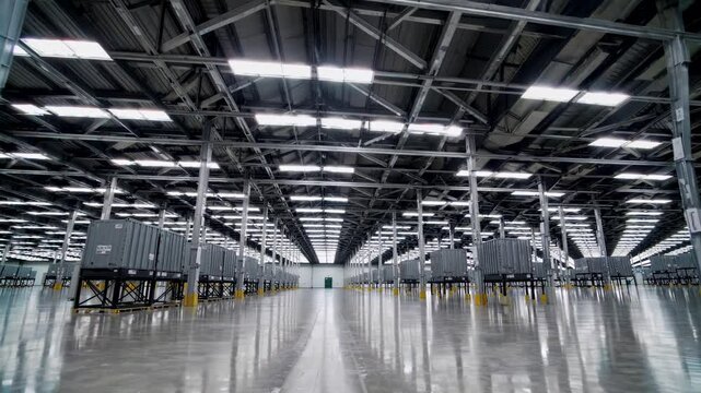Modern empty warehouse interior with reflective floor and led lighting. Large industrial storage facility with metal framework and high ceiling. Distribution center perspective view