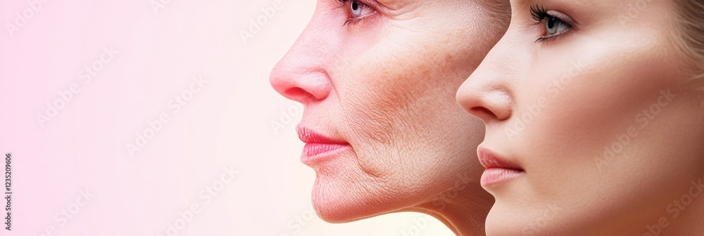 Poster contrasting beauty through the ages with a youthful face beside one showing signs of aging. generati