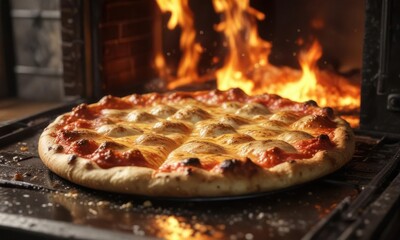 A perfectly cooked pizza with a golden crust and bubbly sauce, set against a fiery oven blaze,  fire,  bake