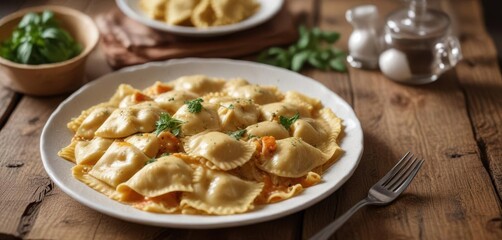 A plate of homemade ravioli in a rich and creamy sauce surrounded by rustic wood details,  cozy atmosphere,  cream sauce