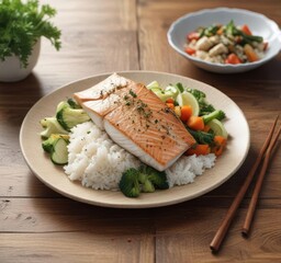 A plate of steamed fish served with a side of rice and vegetables on a wooden table ,  food,  fish