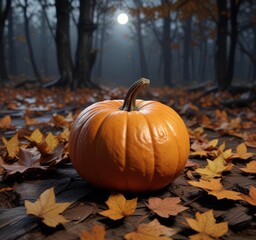 A pumpkin rests on a pile of fallen leaves against dark wood background,  seasonal decor,  fall leaves