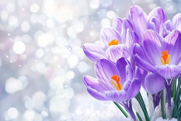 Fototapeta premium Delicate purple crocuses emerging from the snow, symbolizing the arrival of spring.