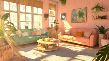 Full shot of snug living room with pastel shades and cozy eco friendly furniture and decor, copy space