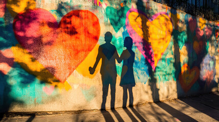 Obraz premium Silhouettes of Two People Holding Hands Standing in Front of a Colorful Heart Mural Art