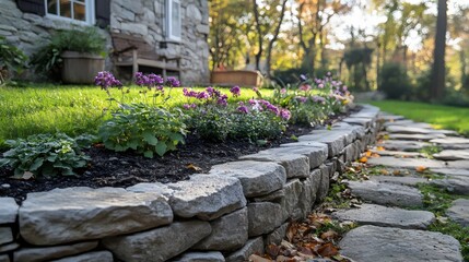 Obraz premium A stone wall with a path leading up to it and a row of purple flowers