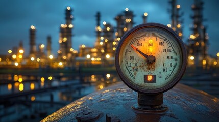 Industrial pressure gauge at night, refinery in background