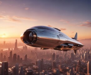 Naklejka premium A sleek spaceship hovering above a futuristic cityscape at sunset, dusk, futuristic city
