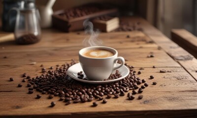 Obraz premium A steaming espresso cup sits on a vintage wooden table amidst scattered coffee beans, espresso, table