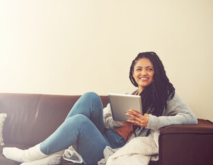 Woman, thinking and relax with tablet in home for internet browsing, online shopping and sale...