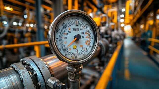 Industrial pressure gauge, oil refinery, monitoring pressure, blurred background of pipes and machinery