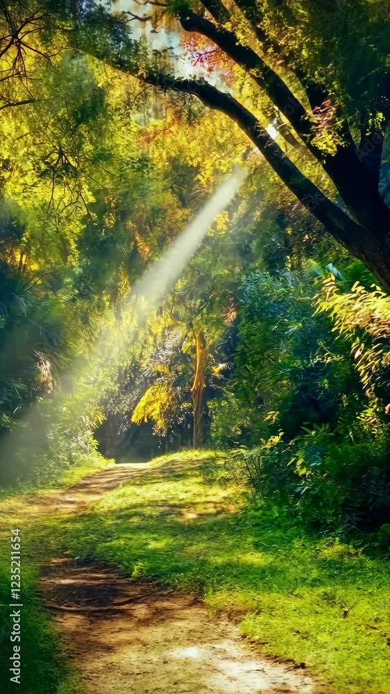 Poster sunlight streaming through trees in a serene forest path during the late afternoon