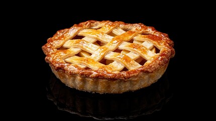 A golden-brown lattice pie with a flaky crust, sitting against a black background, showcasing its delicious filling and intricate design.