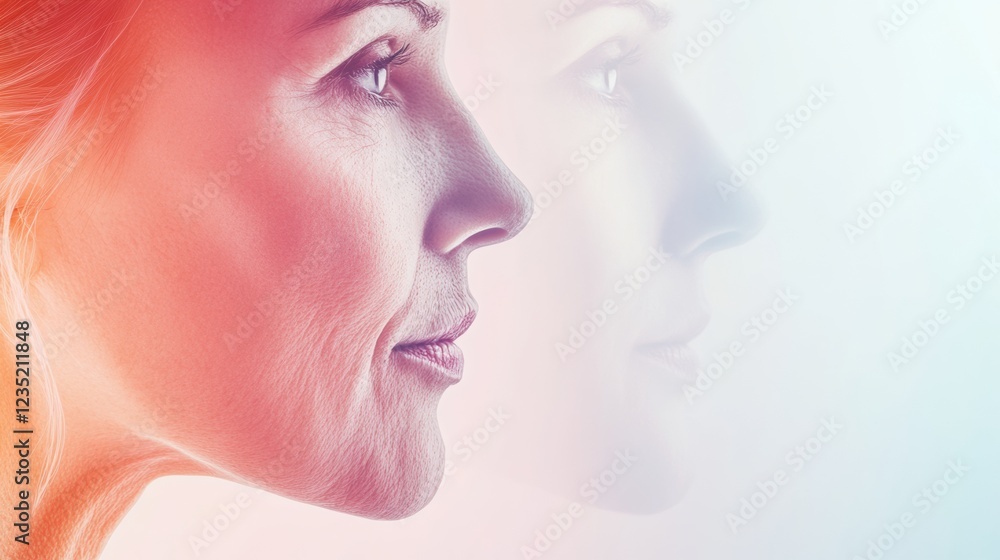 Poster contrasting expressions of age and youth with two faces side by side showcasing distinct signs of ag
