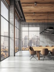 Obraz premium Loft wooden and concrete meeting room interior with panoramic window and city view, furniture and equipment. 3D Rendering