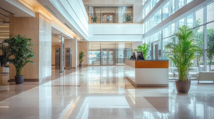 Fototapeta premium A modern lobby with a reception desk, seating area, and large windows.