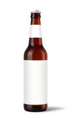 Brown beer bottle with blank white label on transparent background