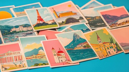A colorful collection of vintage travel postcards featuring iconic landmarks and scenic views, arranged casually on a vibrant blue surface.