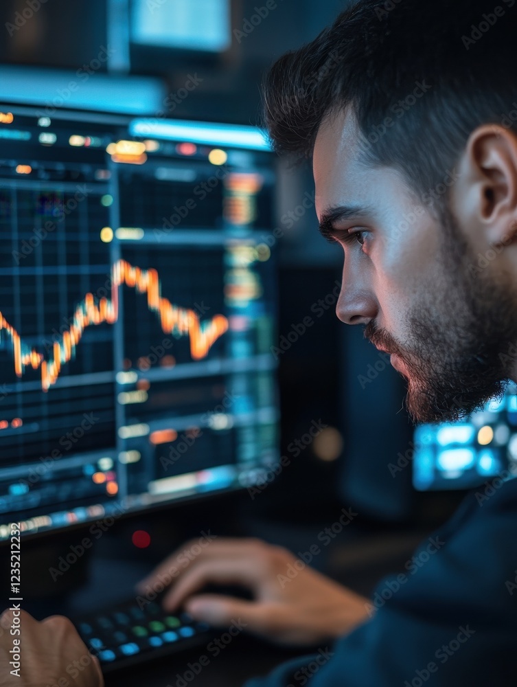 Poster crypto trader investor analyst broker using pc computer analyzing online cryptocurrency exchange sto