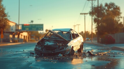 Wrecked car on the side of a road with shattered glass and debris scattered around