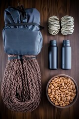 Camping Gear Flatlay Dark Wood Background, Rolled Sleeping Bag, Rope, Bottles, Snacks