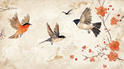 Bird Art. Oriental-style bird illustration. Digital watercolor on a grunge beige background.