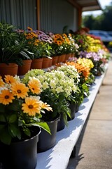 Fototapeta premium Colorful Potted Flowers in Sunlight on Outdoor Shelf