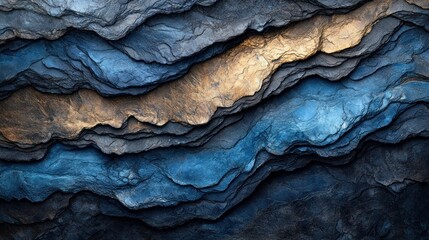 Layered rock strata, blue and gold, natural texture, background