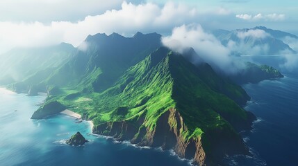 Majestic Seonginbong Peak rising over the blue ocean with rugged cliffs and green hills, a dramatic natural wonder in Ulleungdo.
