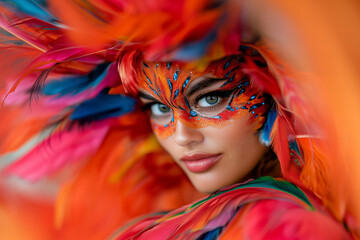 Fototapeta premium Portrait of Woman in Colorful Feather Headdress and Glittery Mak