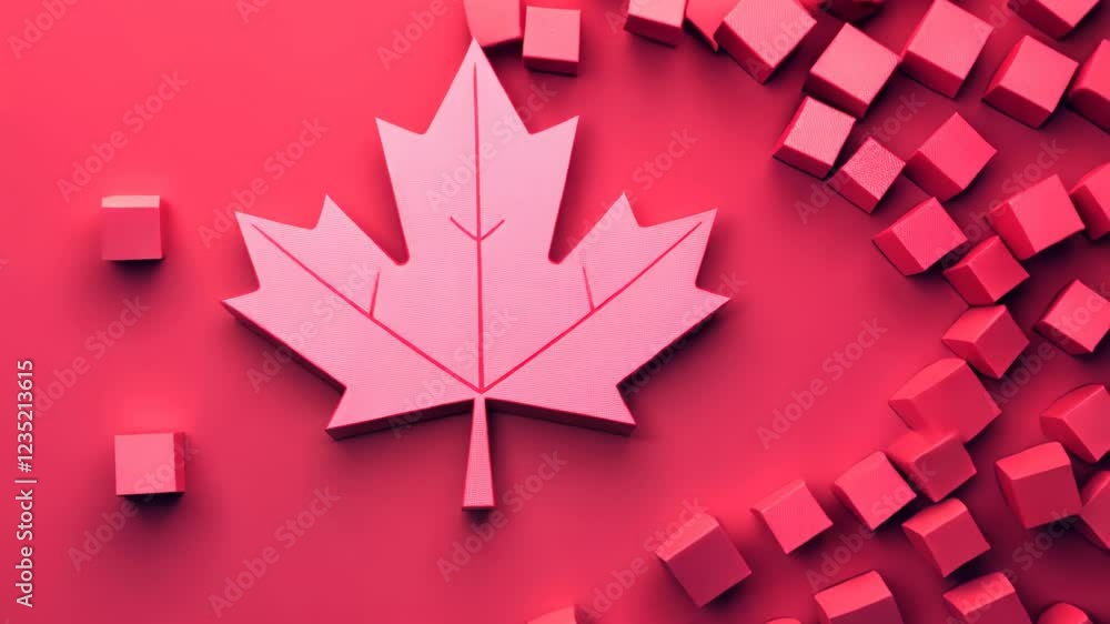 Poster canadian flag rendered as futuristic 3d blocks with maple leaf design in modern style on vibrant red