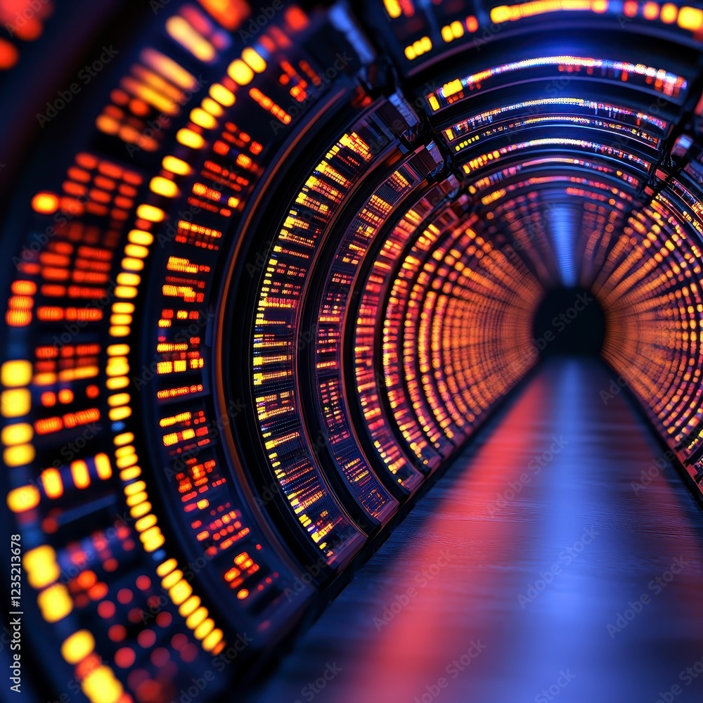 Poster abstract digital tunnel with glowing orange and blue data streams