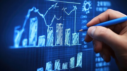Hand drawing glowing financial chart, concept of digital business growth and innovation