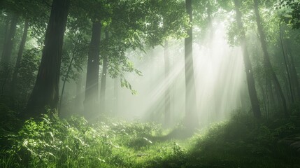 Obraz premium Dense green forest bathed in soft sunlight, peaceful woodland scene with misty air