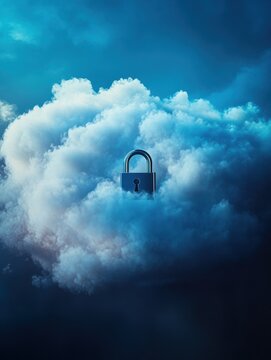 A visually striking cloud graphic featuring a padlock, symbolizing security and privacy in digital storage and cloud computing.