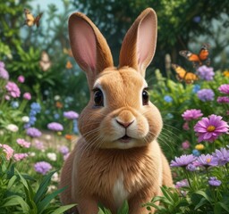 Obraz premium Adorable rabbit in a garden with flowers and butterflies, garden, bunny