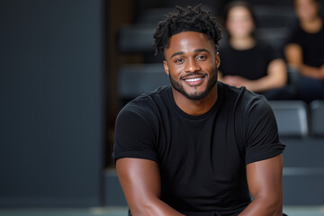 Obraz premium Smiling Muscular Black Man in Black T Shirt Portrait Against Dar